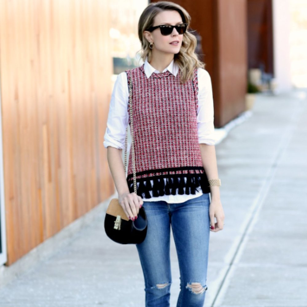 Zara Womens Fringed Tweed Top Shirt Blouse S Red